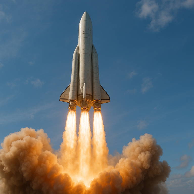 Rakete startet mit kräftigen Flammen und Rauch in den Himmel.